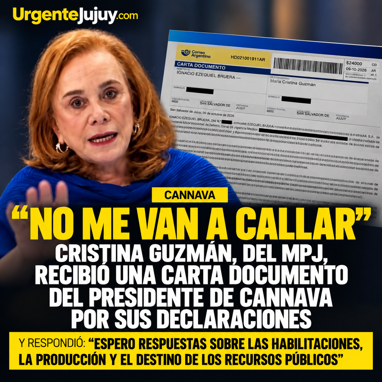 Cristina Guzmán recibió una carta documento del presidente de Cannava por sus declaraciones y respondió: “No me van a callar”